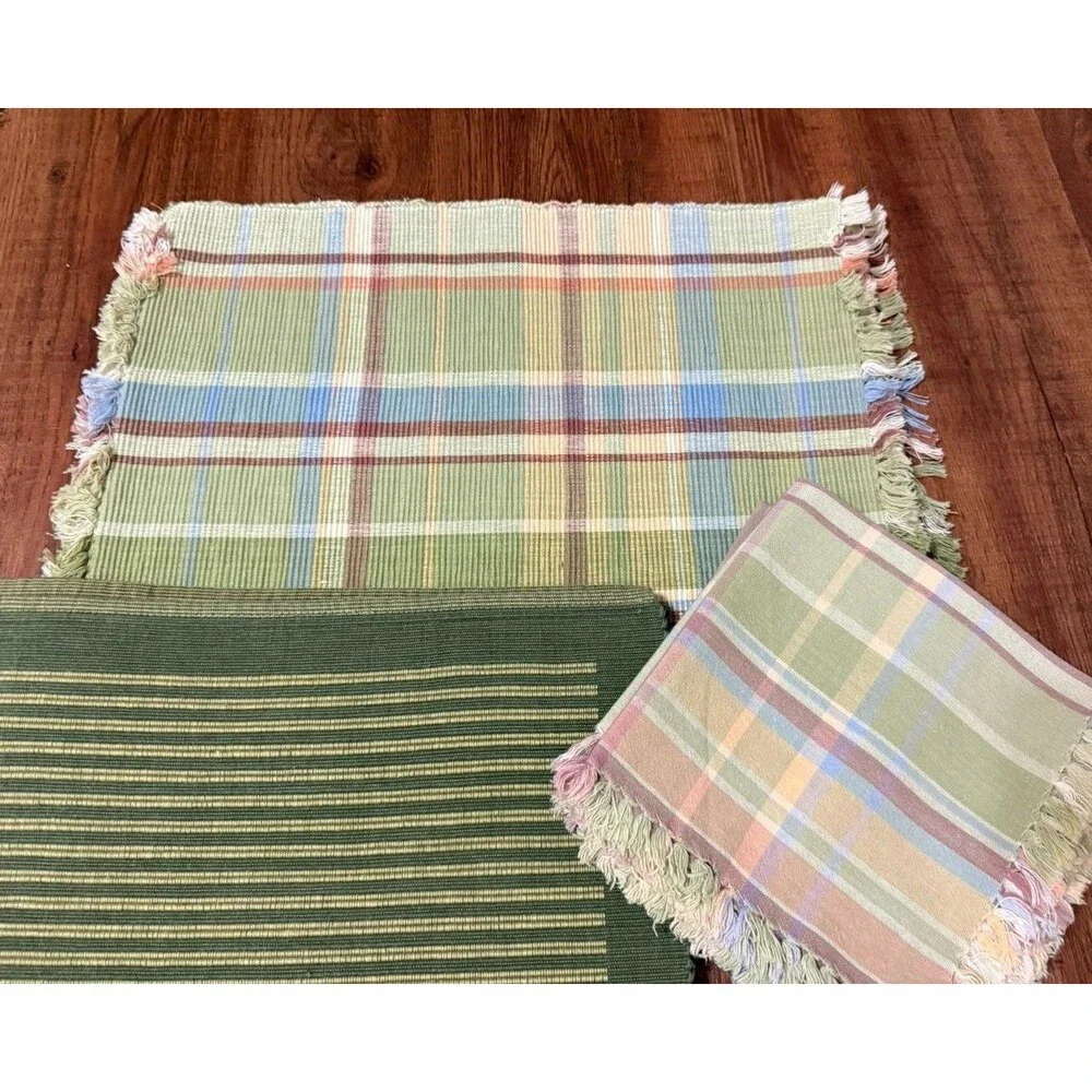 Set of 6 Cloth Placemats & Napkins X 2 Autumn Pastel Plaid And Green